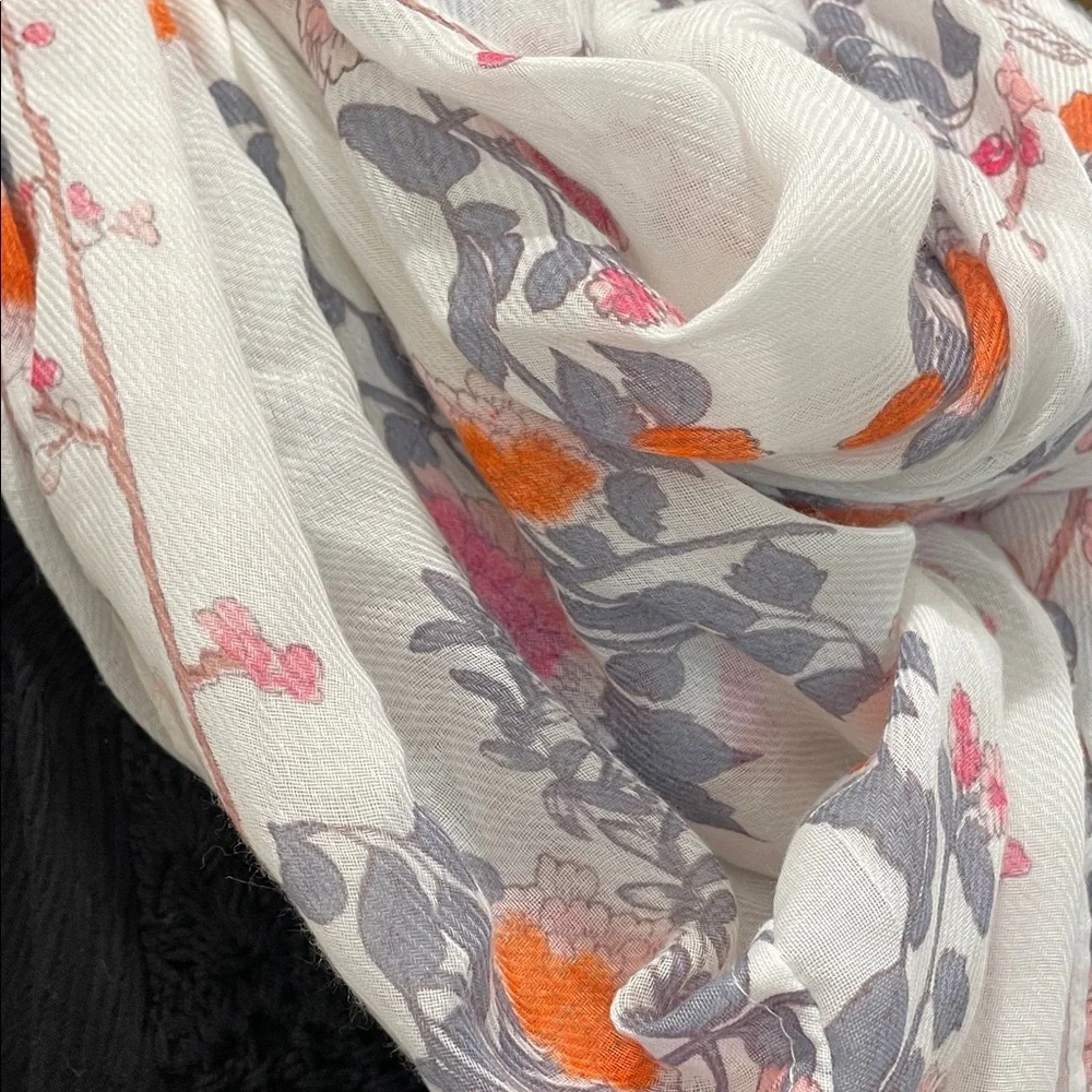 H&M Floral & Birds Scarf - White, Gray, Pink, and Orange